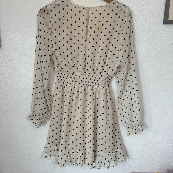 ShowPo PRETTY AS YOU MINI DRESS LONG SLEEVE SHIRRED WAIST IN OFF WHITE POLKA-DOT - Picture 7 of 8